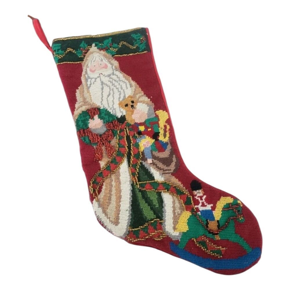 Vintage Needlepoint Petitepoint Beaded Christmas Stocking Old World Santa Bear